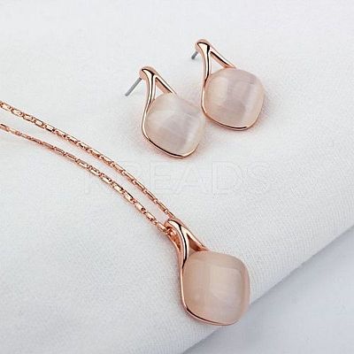 Rhombus Alloy Cat Eye Pendant Necklaces & Stud Earrings Sets for Women FS-WGD2AB8-01-1