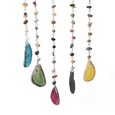 Mixed Gemstone Chips Beaded Moon Hanging Sun Catchers HJEW-M004-01-1
