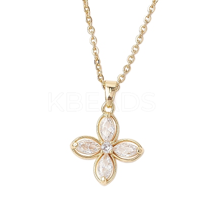 Flower Brass Pave Clear Cubic Zirconia Pendant Necklaces NJEW-JN05286-1