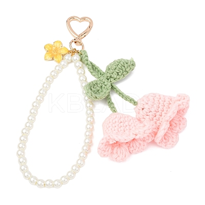 Handmade Cotton Yarn Crochet Lily of the Valley & Glass Pearl Round Bead Pendant Decorations HJEW-JM04389-03-1