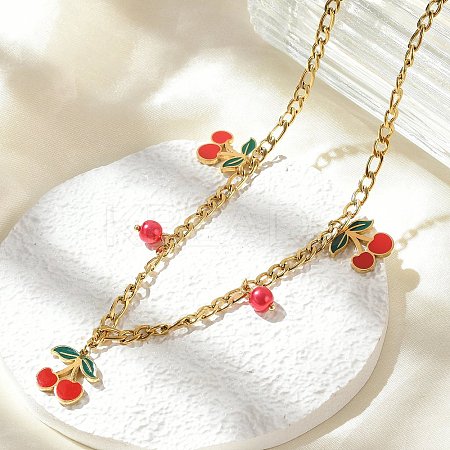 304 Stainless Steel Red Enamel Cherry and Round Plastic Pendant Necklaces for Women NJEW-M091-01G-1