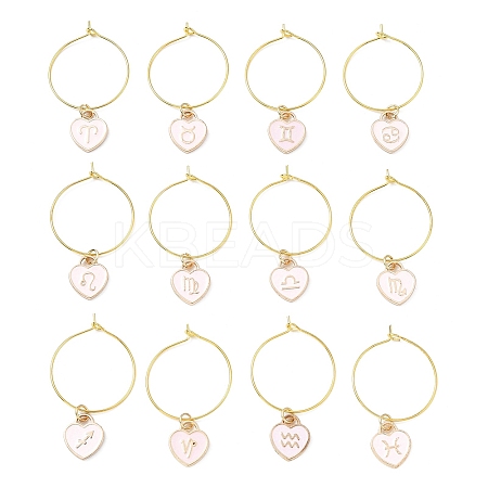 12Pcs Heart with Constellation Alloy Enamel Wine Glass Charms Sets AJEW-JO00230-02-1