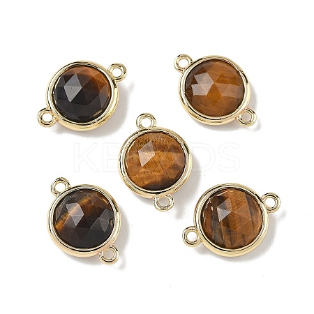 Brass Pave Natural Tiger Eye Faceted Flat Round Connector Charms G-U028-04G-02-1