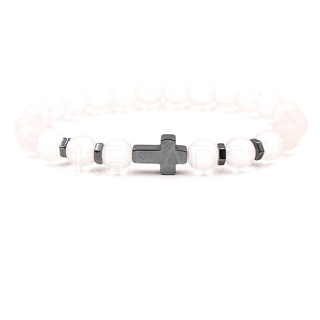 8MM Round Frosted Natural White Jade Beaded Stretch Bracelets with Synthetic Non-magnetic Hematite Cross FA1012-13-1