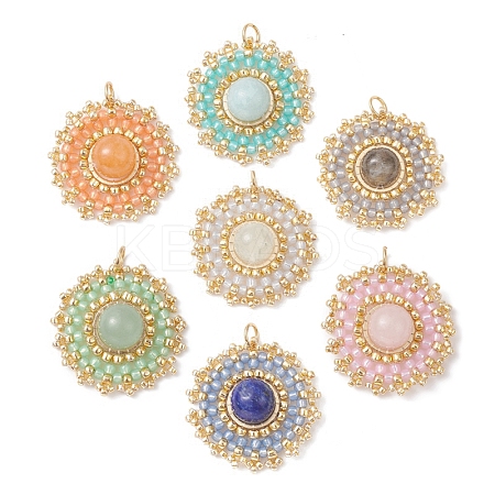 Natural Mixed Gemstone Flat Round Pendants PALLOY-MZ00135-M-1