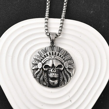 304 Stainless Steel Indian Head Skull Pendant Necklaces for Women Men NJEW-Z076-03AS-1