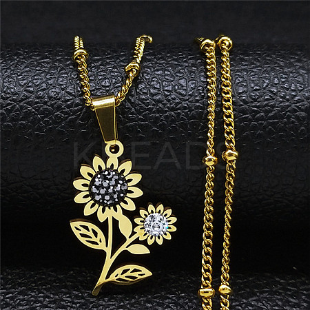 201 Stainless Steel Crystal Rhinestone Sunflower Pendant Necklaces NJEW-H065-16G-1