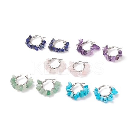 Natural Gemstone Chips Braided Hoop Earrings EJEW-JE04985-1