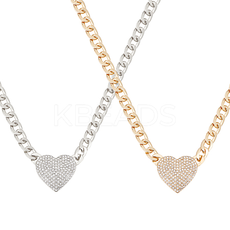 2Pcs 2 Colors Crystal Rhinestone Heart Pendant Necklaces Set with Alloy Curb Chains NJEW-AN0001-88-1