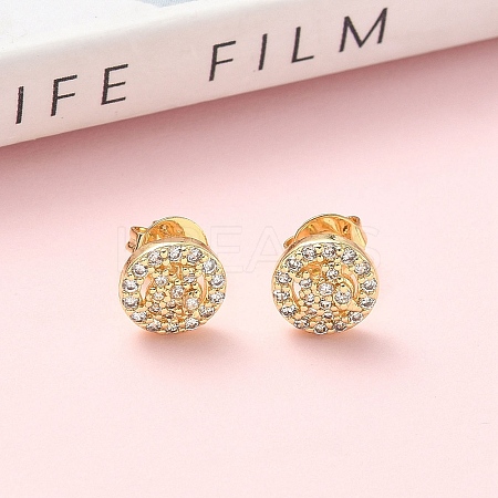 Round Brass Micro Pave Clear Cubic Zirconia Stud Earrings EJEW-Z144-14G-1