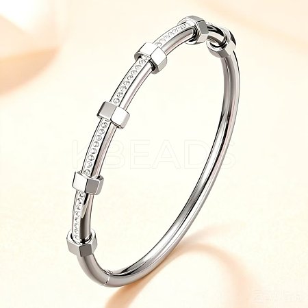 304 Stainless Steel Micro Pave Clear Cubic Zirconia Hexagon Hinged Cuff Bangles for Women WGDBD4E-01-1