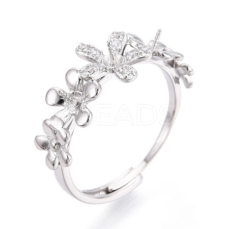 Flower Brass Micro Pave Clear Cubic Zirconia Adjustable Ring Settings KK-T076-57P-1