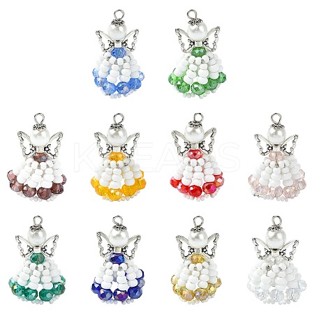 10 Colors Glass Seed Beaded Angel Pendants PALLOY-CJ00089-1