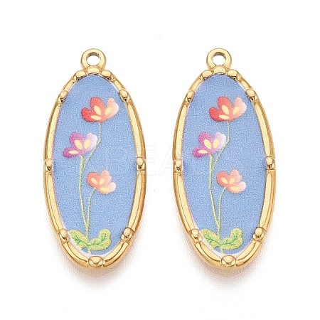 Printed Style 304 Stainless Steel Oval with Flower Pattern Pendants STAS-T071-27C-G-1