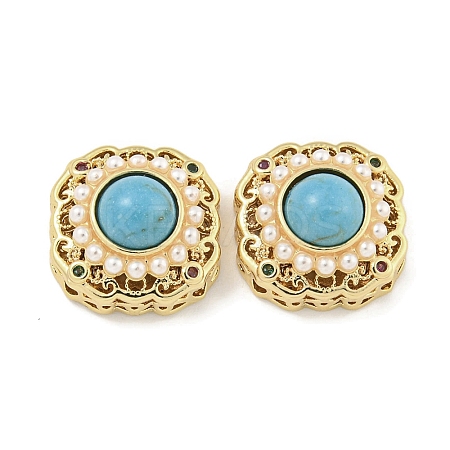 Brass & ABS Imitation Pearl & Synthetic Turquoise & Cubic Zirconia Flat Round Multi-Strand Links KK-Q820-33G-1