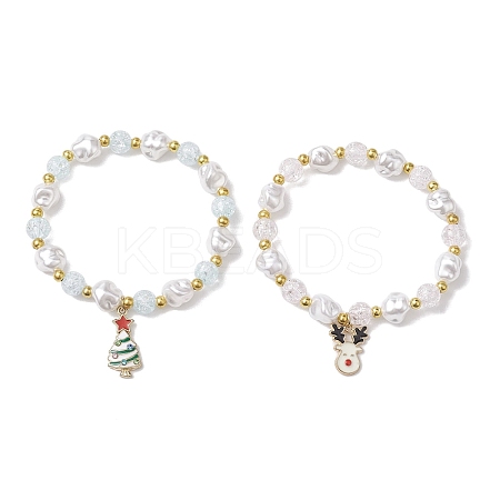 2Pcs 2 Styles Christmas Tree & Deer Alloy Enamel Charm Bracelet Sets BJEW-JB10871-1