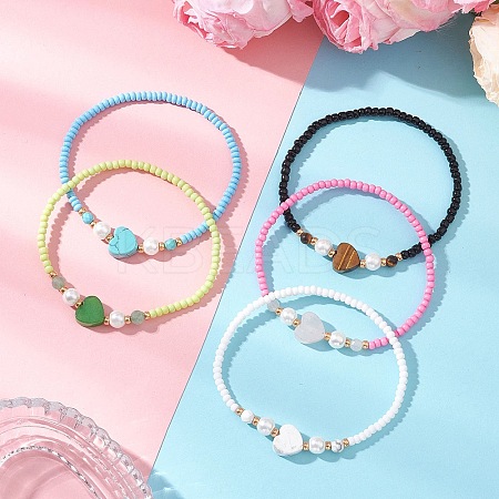 Glass Seed Bead & Natural/ Synthetic Gemstone Stretch Bracelets for Women BJEW-MZ00310-1