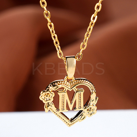 Brass Rose Flower Heart with Letter Pendant Cable Chain Necklaces FS-WG42461-13-1