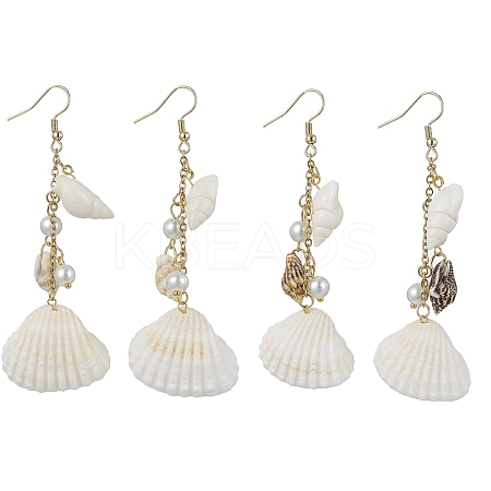 Bohemian Style Natural Shell Dangle Earrings with Glass Pearl Beads EJEW-JE05546-1