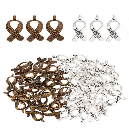 60Pcs 2 Colors Breast Cancer Awareness Ribbon Carved Word Hope Tibetan Style Alloy Pendants UNKW-LP0001-19-1