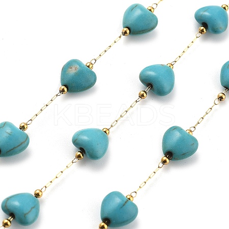 Synthetic Turquoise & 304 Stainless Steel Beads Link Chains CHS-K021-02G-1