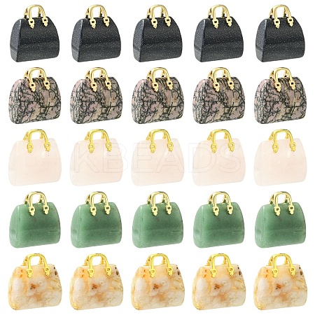 5Pcs 5 Styles Synthetic Blue Goldstone & Natural Cherry Blossom Agate & & Green Aventurine & Rose Quartz & Rhodonite Brass Pendants KK-YW0003-41-1