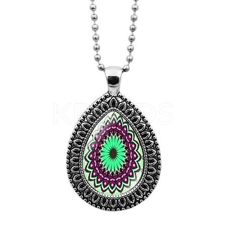 Glass Teardrop with Mandala Flower Pendant Necklace with Ball Chains MAND-PW0001-08J-1