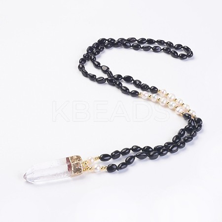 Natural Black Tourmaline and Natural Quartz Crystal Pendant Necklaces NJEW-I220-05-1