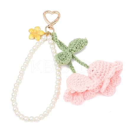 Handmade Cotton Yarn Crochet Lily of the Valley & Glass Pearl Round Bead Pendant Decorations HJEW-JM04389-03-1