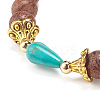 Natural Wood Round Beaded Stretch Bracelet with Synthetic Turquoise Teardrop BJEW-JB07992-5