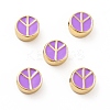 Flat Round with Peace Sign Brass Enamel Beads KK-G419-05G-07-1