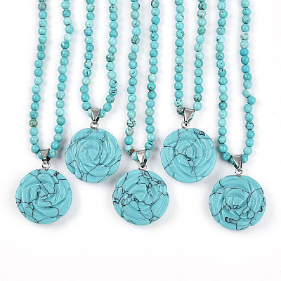 Synthetic Turquoise 4.5mm Round Beaded Flower Pendant Necklaces NJEW-T016-04G-1