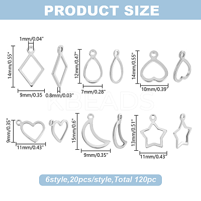 120Pcs 6 Styles 304 Stainless Steel Open Pendants STAS-AR0002-58P-1