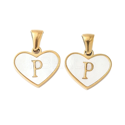 304 Stainless Steel Pave Natural White Shell Heart with Initial Slice Pendants STAS-R168-25G-P-1