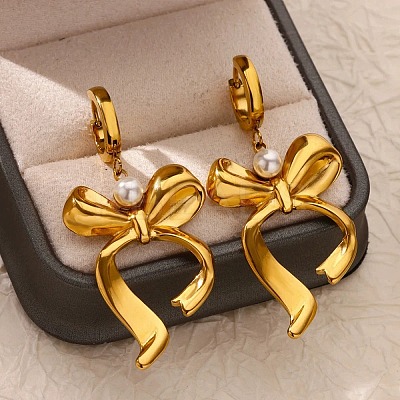 304 Stainless Steel Bowknot Hoop Earrrings LS-EJEW-U065-04G-1
