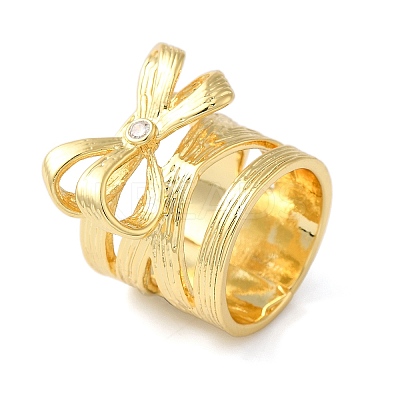 Brass Micro Pave Cubic Zirconia Bowknot Open Cuff Wide Rings for Women RJEW-B057-03G-1