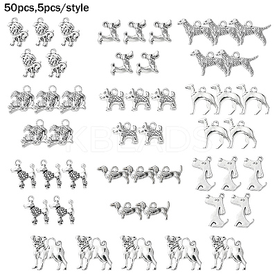 50Pcs 10 Styles Tibetan Style Alloy Dog Charms FIND-YW0004-83-1