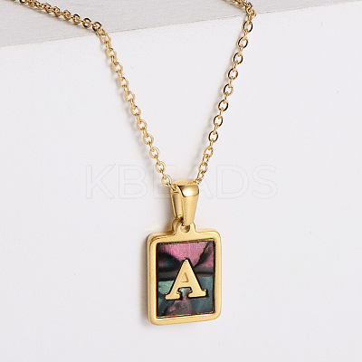 304 Stainless Steel Pave Natural Paua Shell Rectangle Initial Pendant Necklaces for Women FS-WG38E89-01-1