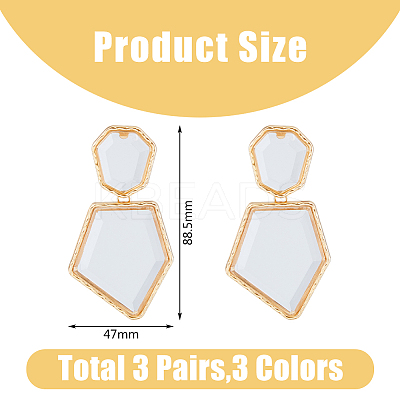 3 Pairs 3 Colors Rhinestone Polygon Dangle Stud Earrings EJEW-FI0002-81-1
