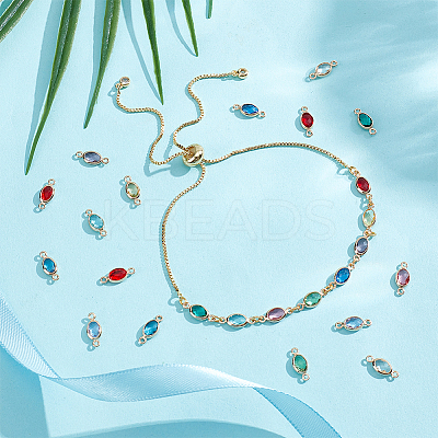 24Pcs 12 Colors Brass Pave Faceted Glass Connector Charms KK-UN0005-53-1