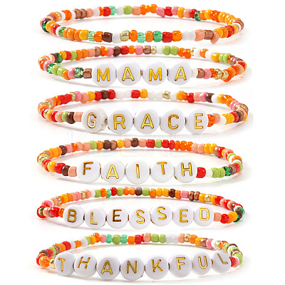 6Pcs 6 Styles Bohemian Handmade Word Resin & Plastic Colorful Glass Beaded Friendship Stretch Bracelets for Men Women PI5207-1-1