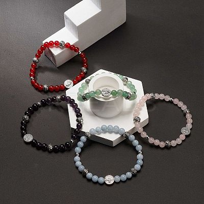 5Pcs 5 Style Natural Gemstone & Synthetic Hematite & Alloy Saint Benedict Beaded Stretch Bracelets Set for Women BJEW-JB08965-1