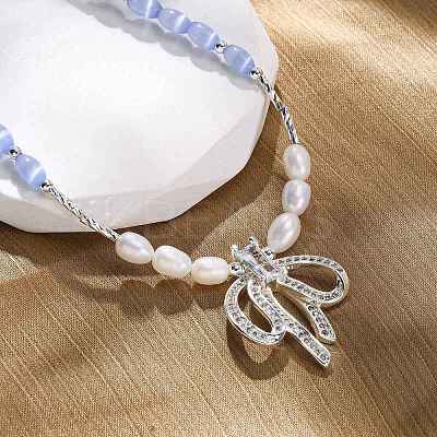 Natural Pearl & Cat Eye Beaded Necklaces NJEW-Q023-01S-1
