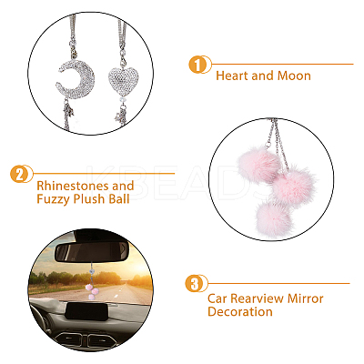 2Pcs 2 Style Rhinestones Heart and Fuzzy Plush Ball Car Hanging Pendant HJEW-DC0001-07-1