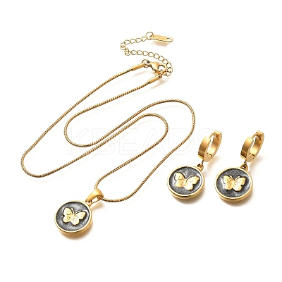 304 Stainless Steel Enamel Pendant Necklaces & Hoop Earring Set for Women SJEW-C007-03G-01-1