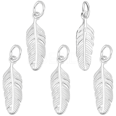 5Pcs 925 Sterling Silver Feather Charms with Jump Rings with 1Pc Double Sided Suede Fabric Silver Polishing Cloth FIND-BBC0015-94-1