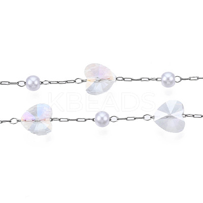 Glass Heart & ABS Plastic Pearl Beaded Chains CHS-N003-06B-1