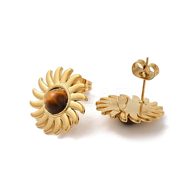 Natural Tiger Eye Sun Stud Earrings LS-EJEW-D075-01C-G-1