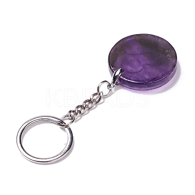 Flat Round with Ohm/Aum Natural Gemstone Pendant Keychain G-G993-02P-1