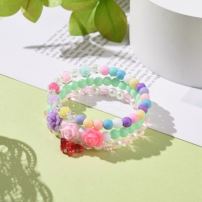 3Pcs 3 Style Acrylic Flower & Imitation Pearl Beaded Stretch Bracelets Set BJEW-JB09105-1